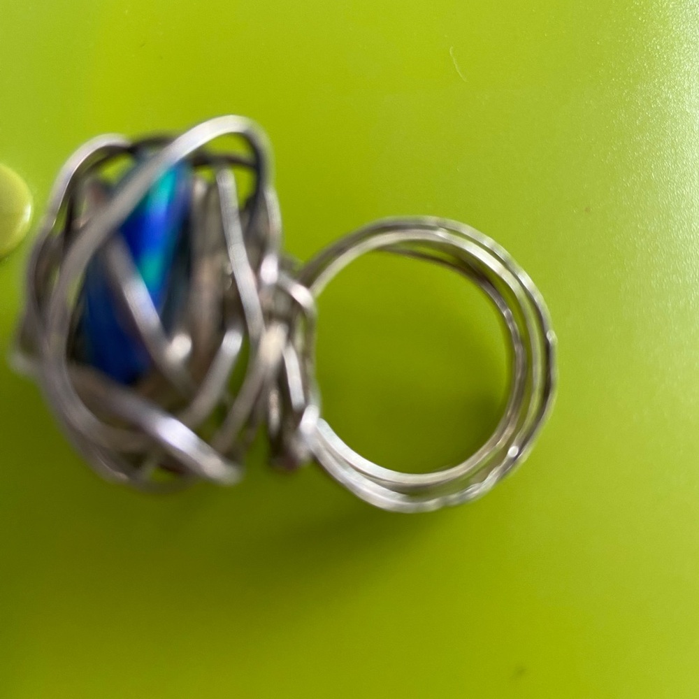 Silver Wire Caged Lapis Ring- Artisan Made, Vtg - image 5